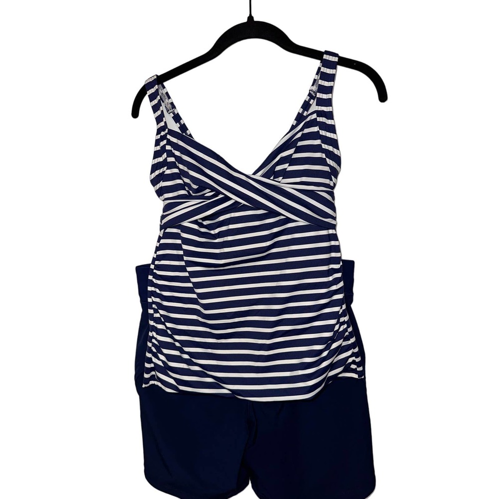 Lands’ End Navy/white tankini and swim shorts